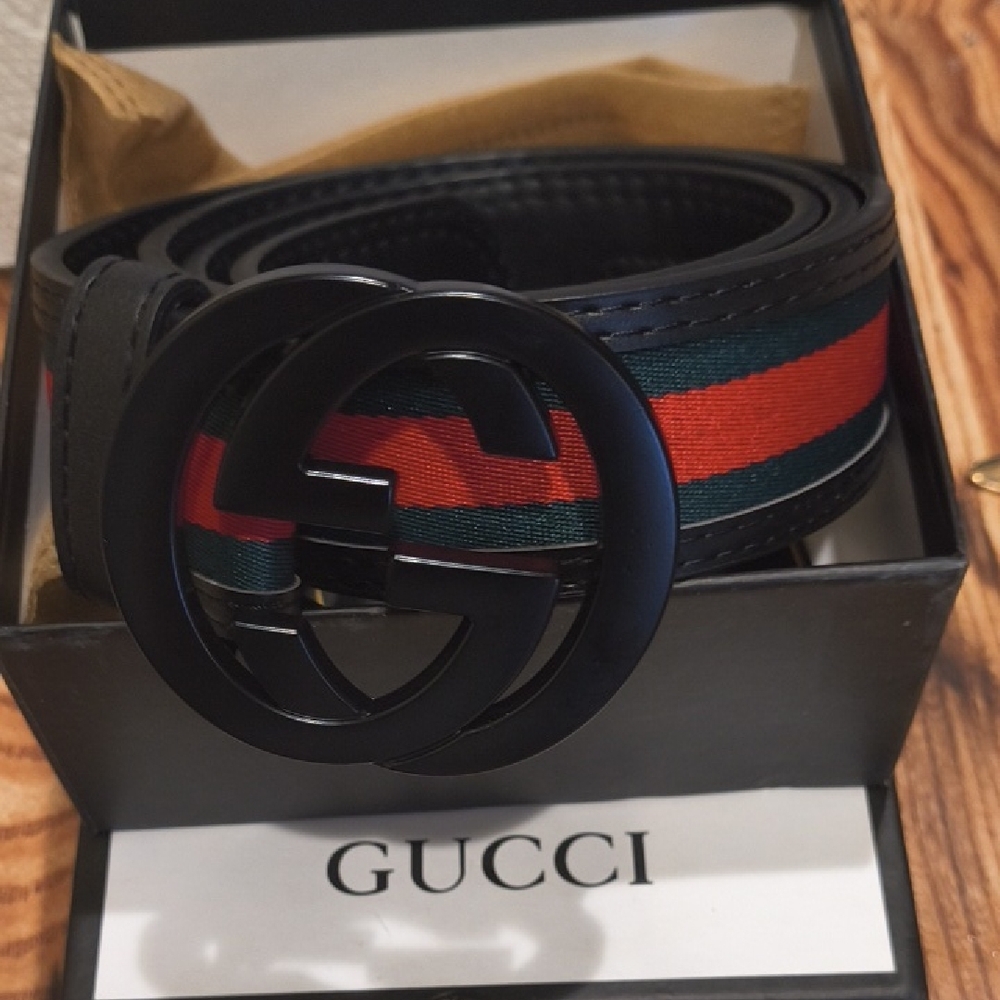 Gucci Black and Red Men's Belt with Green Stripe
